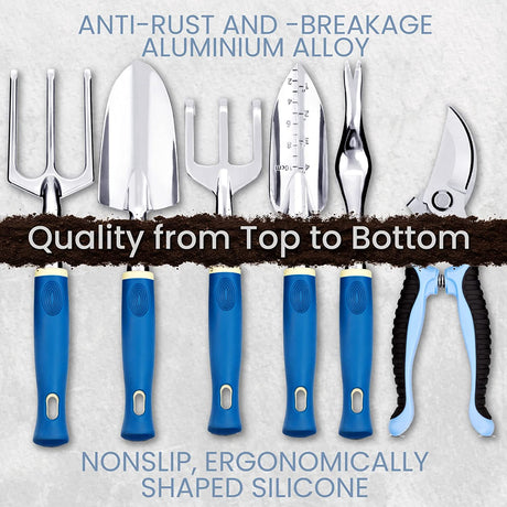 9-Pc. Garden Tools Set & Tote – Multi-Pocket Bag with Knee Support Pads, 6 Aluminium Alloy Hand Tools, & 1-Size-Fits-All Gardening Gloves – Heavy-Duty, Stylish Planting Tool Kit by botana, Blue/Grey
