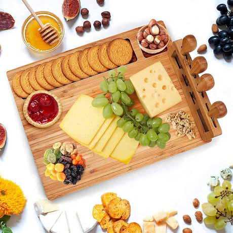Bamboo Cheese Board Set Charcuterie Board Platter Serving Meat Board Including 4 Stainless Steel Knife and Serving Utensils for Christmas Wedding Birthday Anniversary