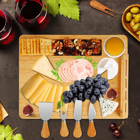 Bamboo Cheese Board Set Charcuterie Board Platter Serving Meat Board Including 4 Stainless Steel Knife and Serving Utensils for Christmas Wedding Birthday Anniversary