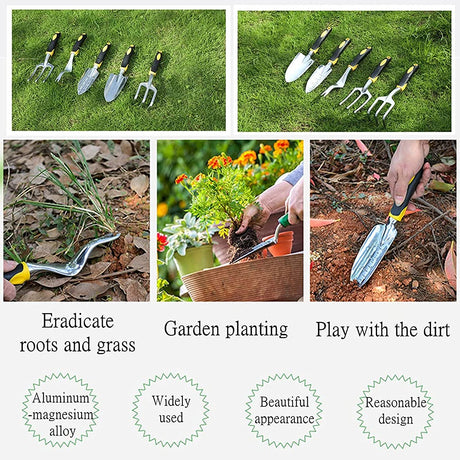 Garden Tools Set, 5 Piece Heavy Duty Aluminum Gardening Tools kit,Non-Slip Rubber Grip Gardening Tools for Man, Women (Yellow)