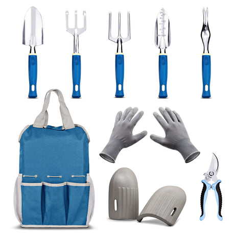 9-Pc. Garden Tools Set & Tote – Multi-Pocket Bag with Knee Support Pads, 6 Aluminium Alloy Hand Tools, & 1-Size-Fits-All Gardening Gloves – Heavy-Duty, Stylish Planting Tool Kit by botana, Blue/Grey