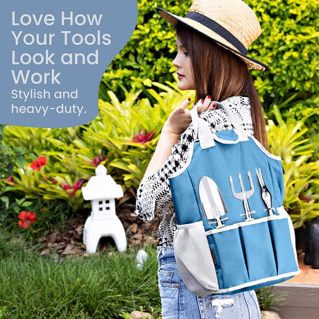 9-Pc. Garden Tools Set & Tote – Multi-Pocket Bag with Knee Support Pads, 6 Aluminium Alloy Hand Tools, & 1-Size-Fits-All Gardening Gloves – Heavy-Duty, Stylish Planting Tool Kit by botana, Blue/Grey