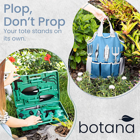 9-Pc. Garden Tools Set & Tote – Multi-Pocket Bag with Knee Support Pads, 6 Aluminium Alloy Hand Tools, & 1-Size-Fits-All Gardening Gloves – Heavy-Duty, Stylish Planting Tool Kit by botana, Blue/Grey