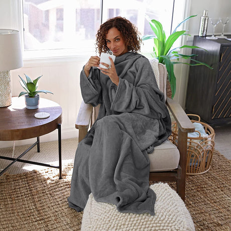 Catalonia Wearable Blanket with Sleeves and Pocket, Soft Fleece Mink Micro Plush Wrap Throws Blanket Robe for Women and Men,Grey grays Fleece
