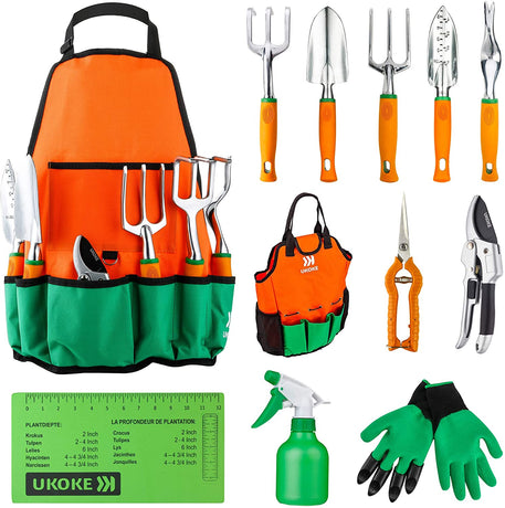 Garden Tool Set, 12 Piece Aluminum Hand Tool Kit, Garden Canvas Apron with Storage Pocket, Outdoor Tool, Heavy Duty Gardening Work Set with Ergonomic Handle, Gardening Tools for women men Orange 12PCS