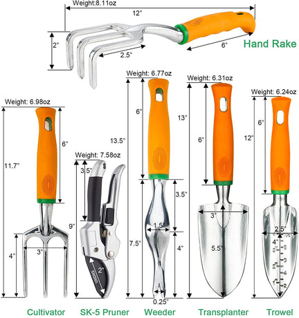 Garden Tool Set, 12 Piece Aluminum Hand Tool Kit, Garden Canvas Apron with Storage Pocket, Outdoor Tool, Heavy Duty Gardening Work Set with Ergonomic Handle, Gardening Tools for women men Orange 12PCS