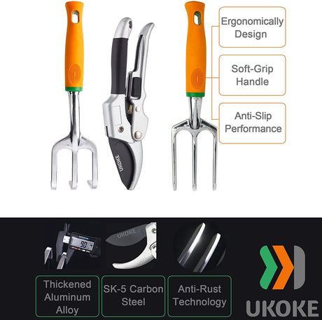 Garden Tool Set, 12 Piece Aluminum Hand Tool Kit, Garden Canvas Apron with Storage Pocket, Outdoor Tool, Heavy Duty Gardening Work Set with Ergonomic Handle, Gardening Tools for women men Orange 12PCS