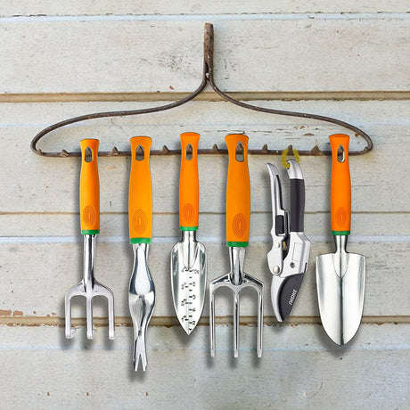 Garden Tool Set, 12 Piece Aluminum Hand Tool Kit, Garden Canvas Apron with Storage Pocket, Outdoor Tool, Heavy Duty Gardening Work Set with Ergonomic Handle, Gardening Tools for women men Orange 12PCS