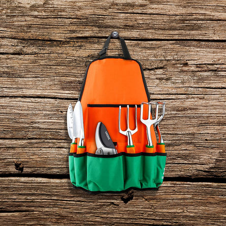 Garden Tool Set, 12 Piece Aluminum Hand Tool Kit, Garden Canvas Apron with Storage Pocket, Outdoor Tool, Heavy Duty Gardening Work Set with Ergonomic Handle, Gardening Tools for women men Orange 12PCS