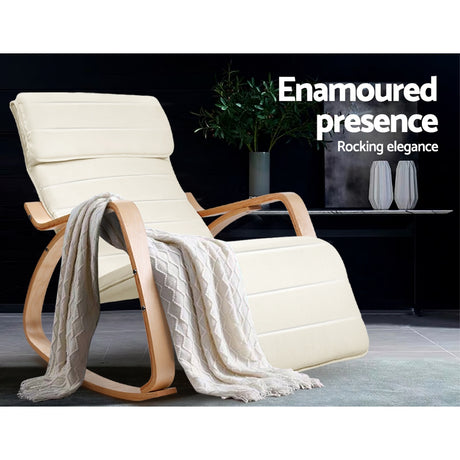 Artiss Fabric Rocking Armchair with Adjustable Footrest - Beige