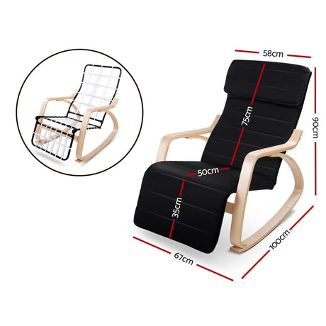 Artiss Fabric Rocking Armchair with Adjustable Footrest - Black