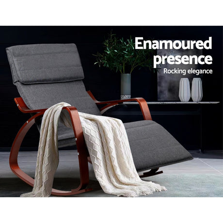 Artiss Fabric Rocking Armchair with Adjustable Footrest - Charcoal