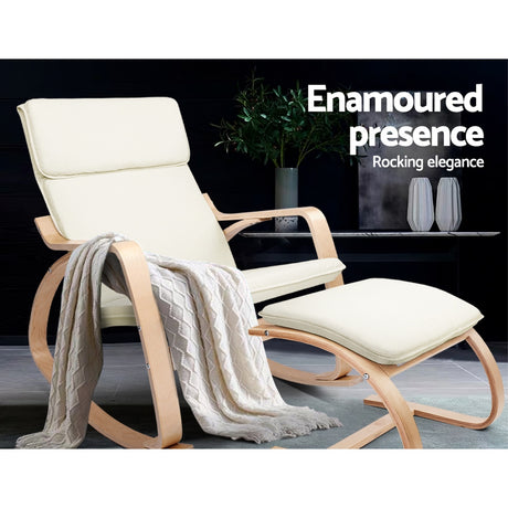Artiss Wooden Armchair with Foot Stool - Beige