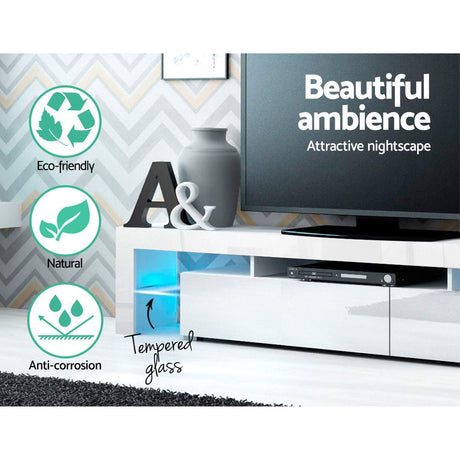 Artiss TV Cabinet Entertainment Unit Stand RGB LED Gloss Furniture 2 Drawers 200cm White