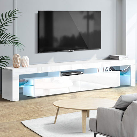 Artiss TV Cabinet Entertainment Unit Stand RGB LED Gloss Furniture 2 Drawers 200cm White