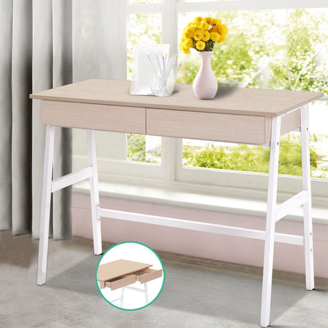 Artiss Metal Desk with Drawer - White with Oak Top