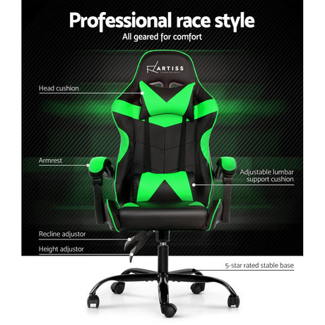 Artiss Office Chair Gaming Chair Computer Chairs Recliner PU Leather Seat Armrest Black Green