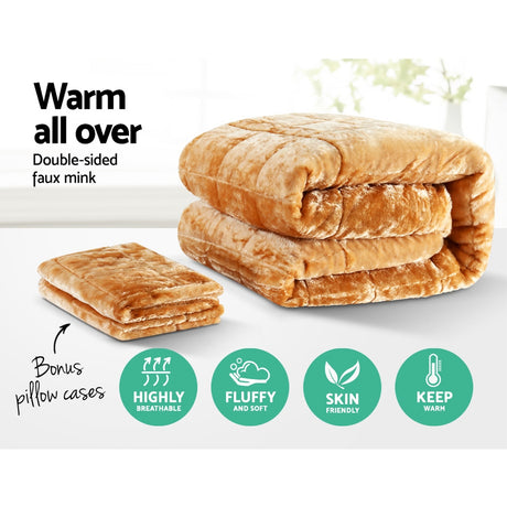 Giselle Bedding Faux Mink Quilt Comforter Fleece Throw Blanket Doona Latte Super King