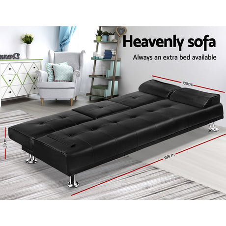 Artiss 3 Seater PU Leather Sofa Bed - Black