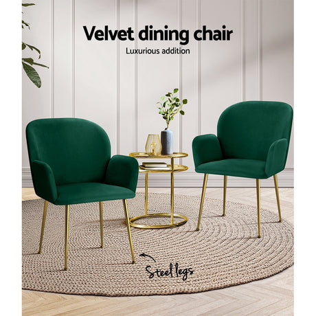 Artiss Set of 2 Kynsee Dining Chair Armchair Cafe Chair Upholstered Velvet Green