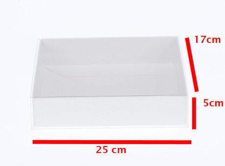 10 Pack of White Card Box - Clear Slide On Lid - 17 x 25 x 5cm - Large Beauty Product Gift Giving Hamper Tray Merch Fashion Cake Sweets Xmas