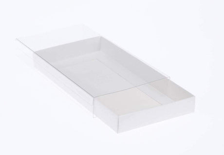 10 Pack of White Card Square Box - Clear Slide On Lid - 20 x 20 x 8cm - Large Beauty Product Gift Giving Hamper Tray Merch Fashion Cake Sweets Xmas