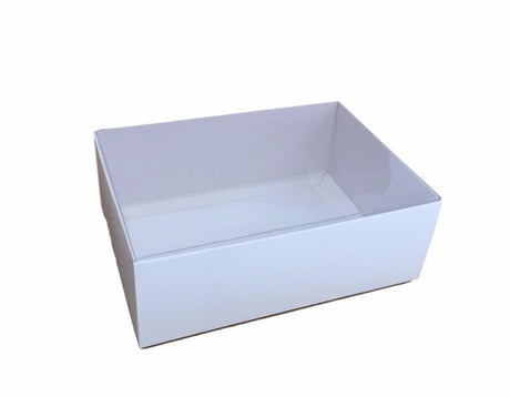 10 Pack of White Card Square Box - Clear Slide On Lid - 20 x 20 x 8cm - Large Beauty Product Gift Giving Hamper Tray Merch Fashion Cake Sweets Xmas
