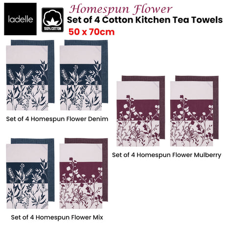 Ladelle Set of 4 Homespun Flower Cotton Kitchen Tea Towels 50 x 70 cm Denim