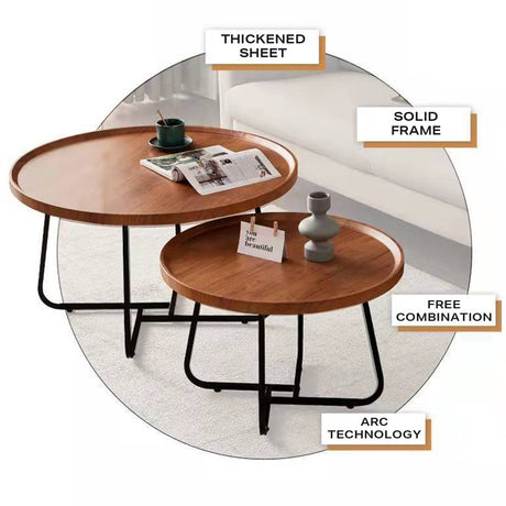 Removable Set of 2 Round Coffee Table Walnut Nesting Side End Table Furniture