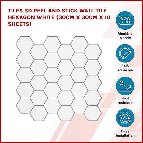 Tiles 3D Peel and Stick Wall Tile Hexagon White (30cm x 30cm x 10 sheets)