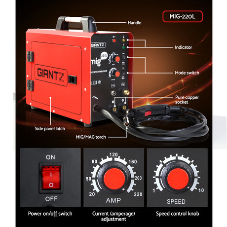 GIANTZ MIG MAG Welding Machine DC Inverter MMA Welder Gas Gasless Portable 220A