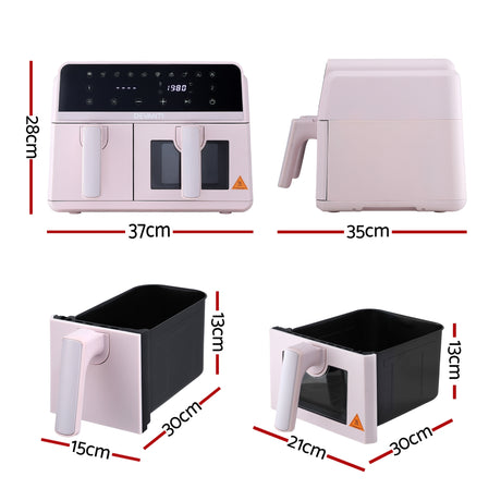 Devanti Air Fryer 9L Dual Zone Fryers 2600W Pink