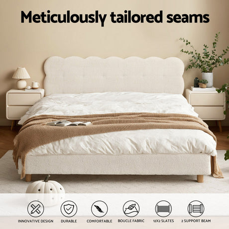 Artiss Queen Bed Frame Cloud Headboard Boucle Fabric Mattress Platform Base White