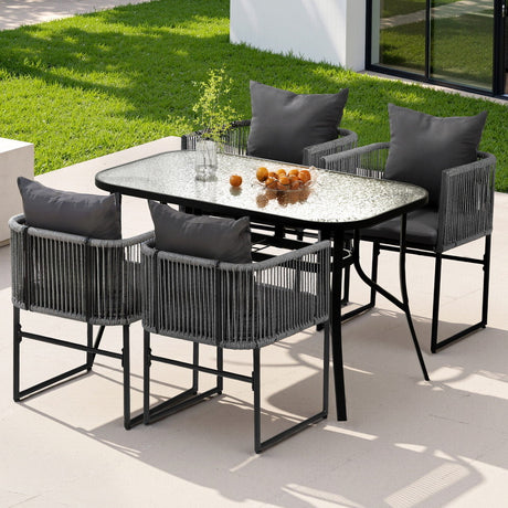 Gardeon 5PCS Outdoor Dining Set Table and Chairs Rope Patio Furniture Garden Black