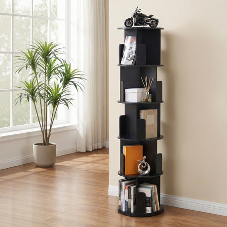 Artiss 5 Tiers Bookshelf Swivel Bookcase Display Shelves Stand Round Black