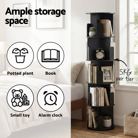 Artiss 5 Tiers Bookshelf Swivel Bookcase Display Shelves Stand Round Black