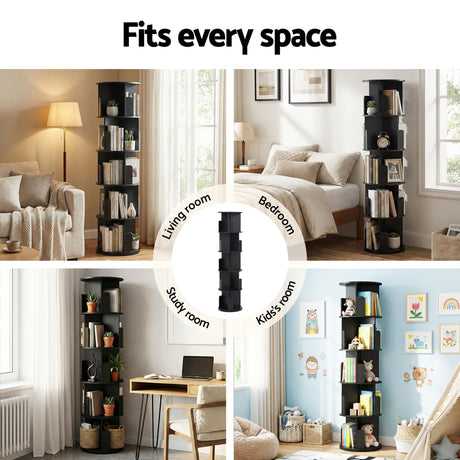 Artiss 5 Tiers Bookshelf Swivel Bookcase Display Shelves Stand Round Black