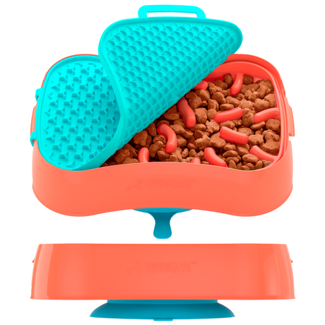 4-in-1 Slow Feeder Dog Bowl - Warm Ocean Red Bowl with Teal Lickmat