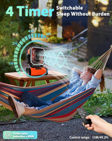 20000mAh Portable Camping Fan, Rechargeable Battery Operated Oscillating Camp Tent Fan W/Remote control, 4 Speeds, LED lights & 360° Rotation Hook for Outdoor RV Travel Orange