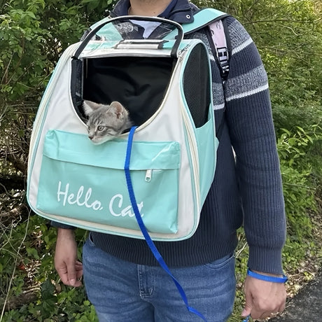Hello Cat Nylon Pet Backpack, Large Capacity Foldable Travel Carrier with Zipper Closure, Easy Access for Cats and Small Dogs, Pet Travel Bag with Handle for Puppies and Kittens(PINK)