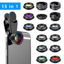 15-in-1 kit with multiple special effects functions, compatible with iPhone and Android smartphones. Includes: 198 fisheye, 0.63x wide angle, 15x macro, 2x telephoto, CPL polarizer, kaleidoscope lens, star filter, mist filter, radial filter