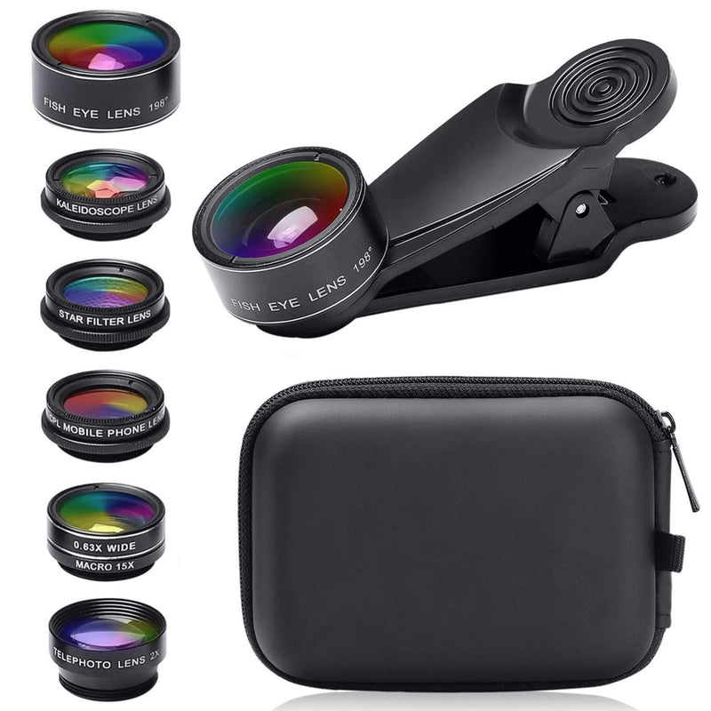 15-in-1 kit with multiple special effects functions, compatible with iPhone and Android smartphones. Includes: 198 fisheye, 0.63x wide angle, 15x macro, 2x telephoto, CPL polarizer, kaleidoscope lens, star filter, mist filter, radial filter