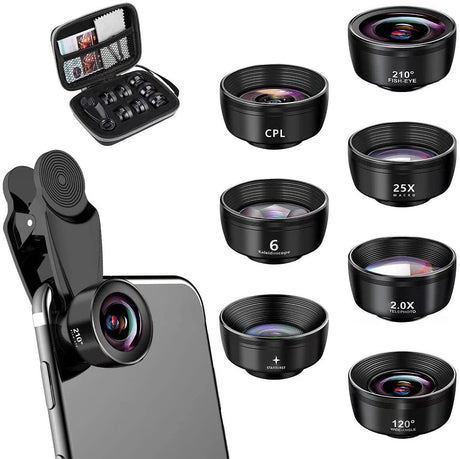 15-in-1 kit with multiple special effects functions, compatible with iPhone and Android smartphones. Includes: 198 fisheye, 0.63x wide angle, 15x macro, 2x telephoto, CPL polarizer, kaleidoscope lens, star filter, mist filter, radial filter