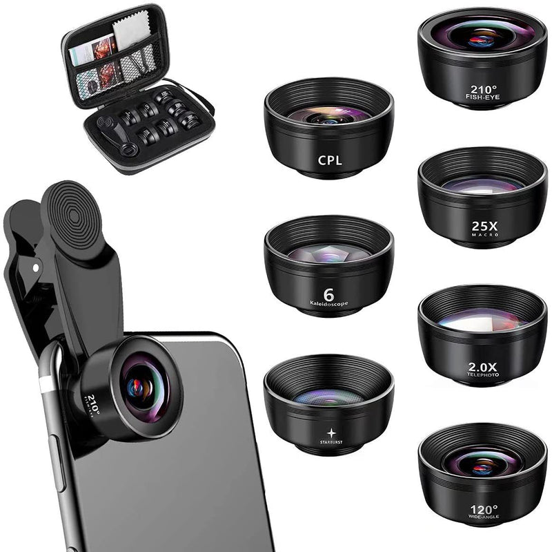 15-in-1 kit with multiple special effects functions, compatible with iPhone and Android smartphones. Includes: 198 fisheye, 0.63x wide angle, 15x macro, 2x telephoto, CPL polarizer, kaleidoscope lens, star filter, mist filter, radial filter