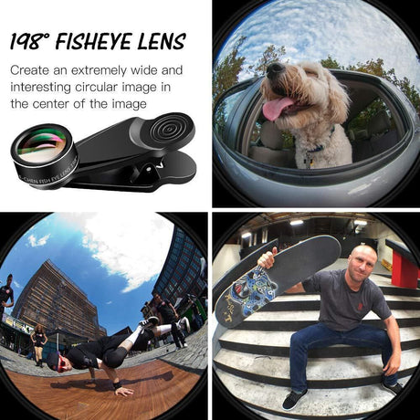 15-in-1 kit with multiple special effects functions, compatible with iPhone and Android smartphones. Includes: 198 fisheye, 0.63x wide angle, 15x macro, 2x telephoto, CPL polarizer, kaleidoscope lens, star filter, mist filter, radial filter