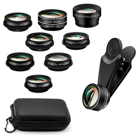 15-in-1 kit with multiple special effects functions, compatible with iPhone and Android smartphones. Includes: 198 fisheye, 0.63x wide angle, 15x macro, 2x telephoto, CPL polarizer, kaleidoscope lens, star filter, mist filter, radial filter