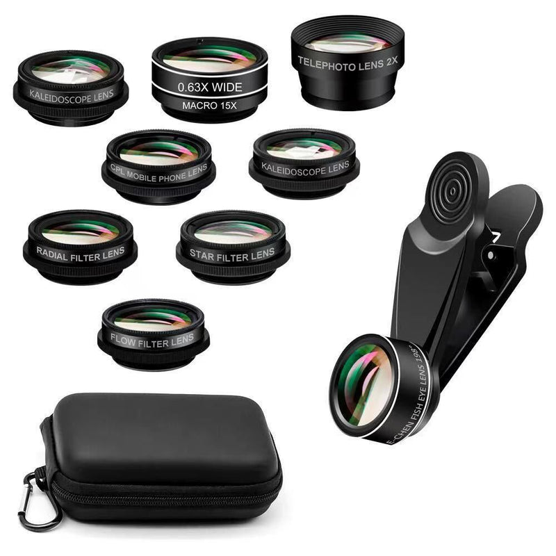 15-in-1 kit with multiple special effects functions, compatible with iPhone and Android smartphones. Includes: 198 fisheye, 0.63x wide angle, 15x macro, 2x telephoto, CPL polarizer, kaleidoscope lens, star filter, mist filter, radial filter