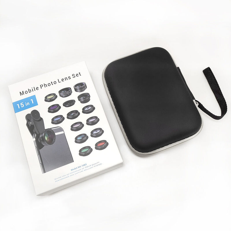 15-in-1 kit with multiple special effects functions, compatible with iPhone and Android smartphones. Includes: 198 fisheye, 0.63x wide angle, 15x macro, 2x telephoto, CPL polarizer, kaleidoscope lens, star filter, mist filter, radial filter