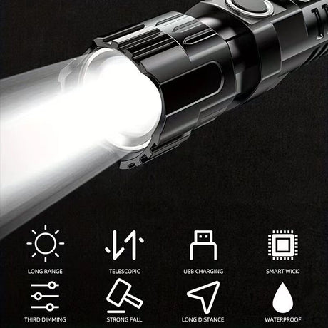 1 USB rechargeable flashlight, ultra-bright LED handheld outdoor emergency light, with telescopic zoom, wide beam, 1800mAh lithium battery, 150 lumens, suitable for camping, hiking, exploration and daily use, camping flashlight