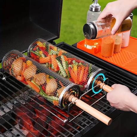 2-Pack Stainless Steel Rotating Grill Baskets with Removable Wooden Handle – Durable 304 Mesh for Veggies, Prawns & More – Perfect for BBQ, Camping & Outdoor Cooking, Great Gift for Dad or Husband
